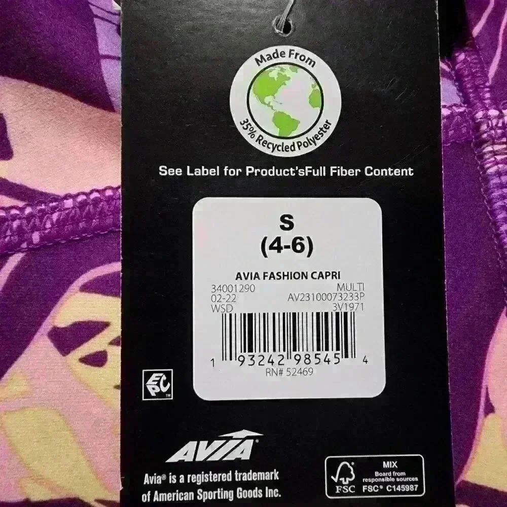 Avia Womens Pull On Active Capri Leggings XS, M Side Pockets Purple Pink Leaf - Picture 12 of 12